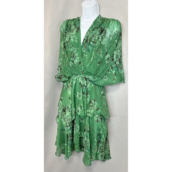 NT by Amati Layered Green Silk Floral Print 3/4 Sleeve Dress Made in Italy S/M - Picture 2 of 13